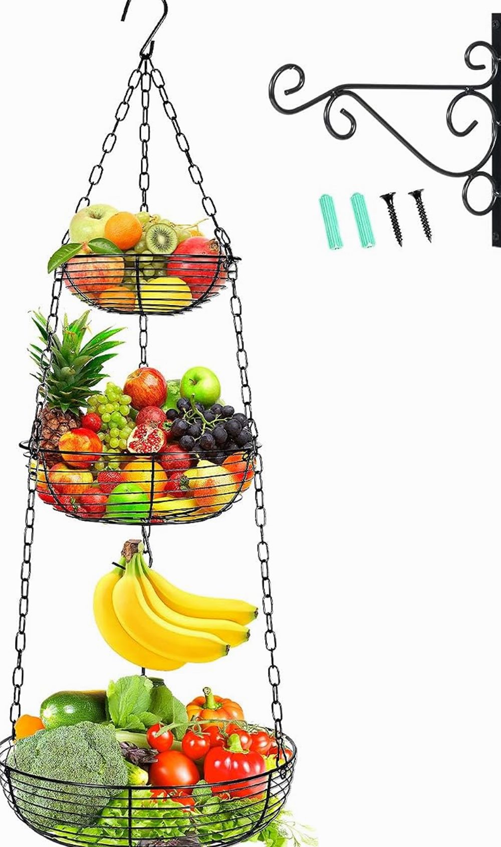 3-Tier Hanging Fruit Basket with Banana Hook